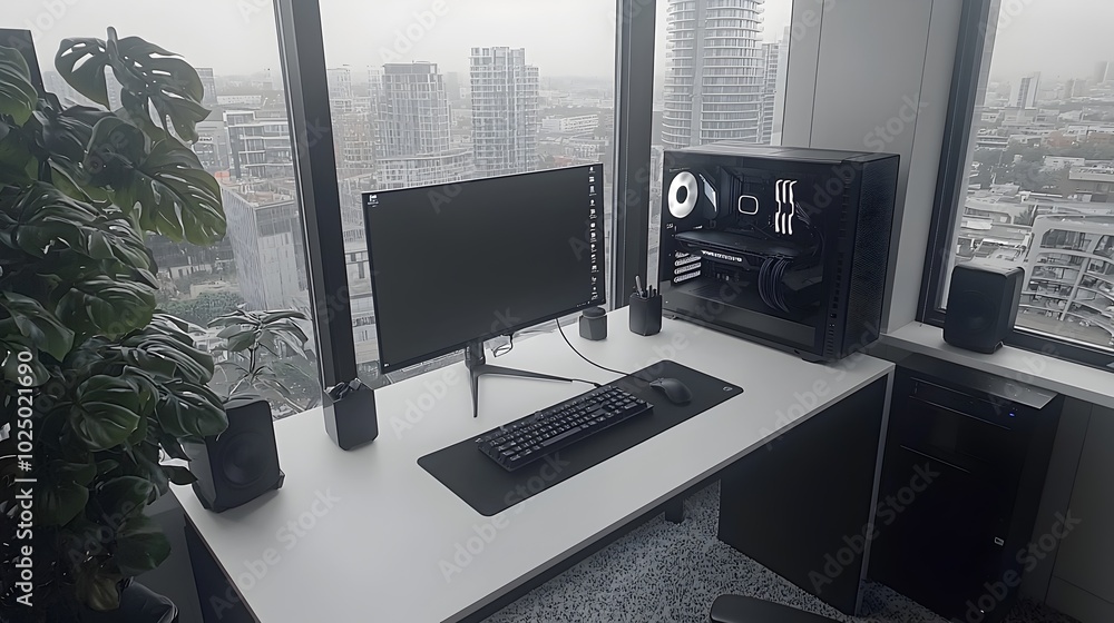 Fototapeta premium Minimalist and Organized Home Office Interior with White Desk Computer and Minimalist Shelving for a Productive and Streamlined Workspace