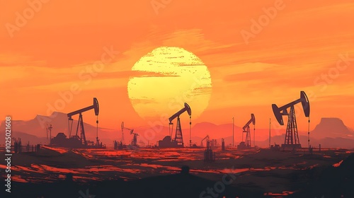 A desert landscape with several oil pump jacks silhouetted against the setting sun