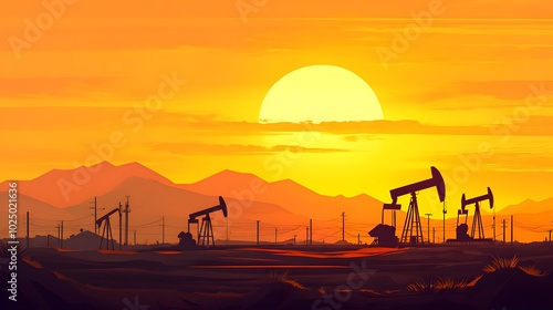 A desert landscape with several oil pump jacks silhouetted against the setting sun