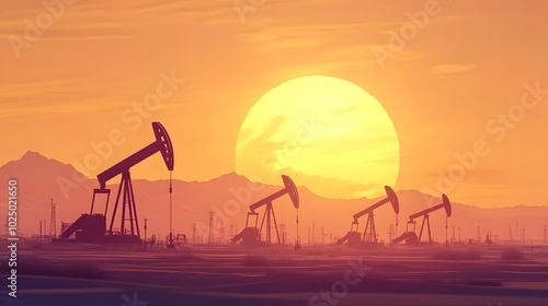 A desert landscape with several oil pump jacks silhouetted against the setting sun