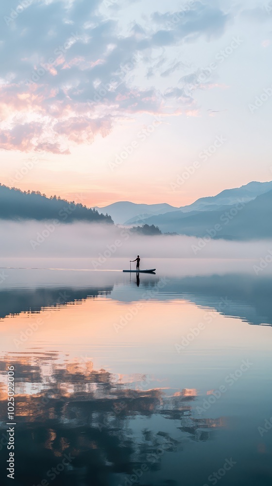 Fototapeta premium Serene Paddleboarder Practicing Yoga at Sunrise