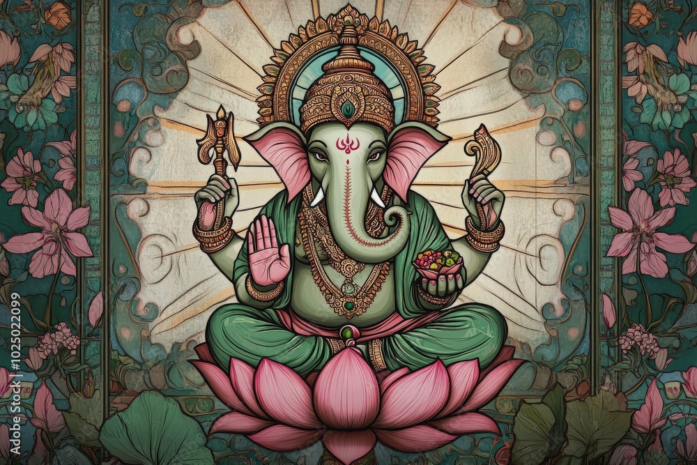 Obraz premium A peaceful stained glass of Lord Ganesha seated on a lotus, with soft green and pink hues glowing through, surrounded by intricate patterns of flowers and divine symbols