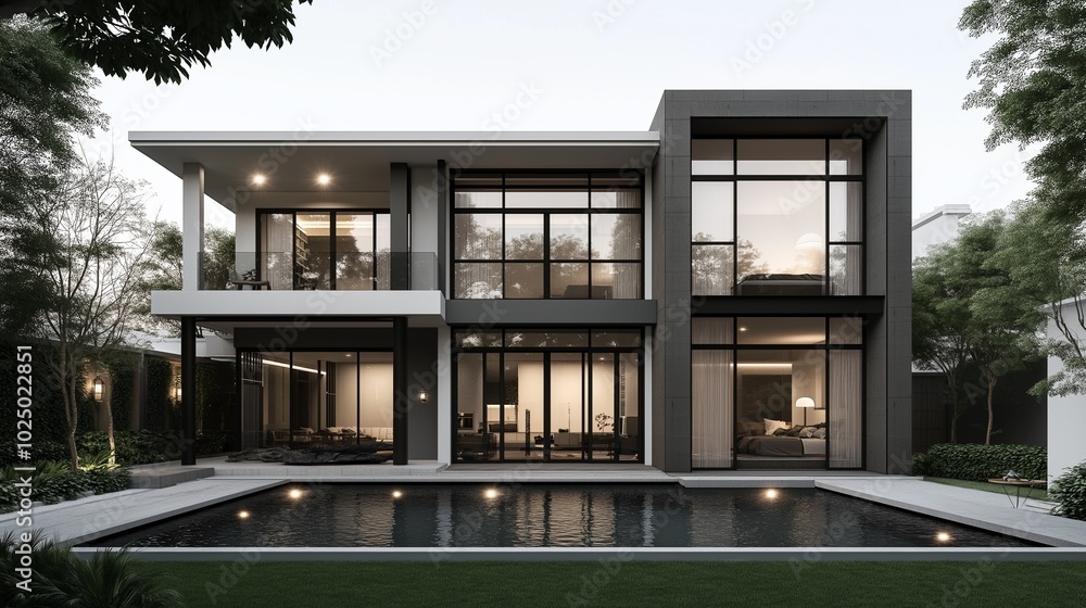 A sleek minimalist house surrounded by trees, shrubs, and potted plants. A sleek minimalist house surrounded by trees, shrubs, and potted plants.