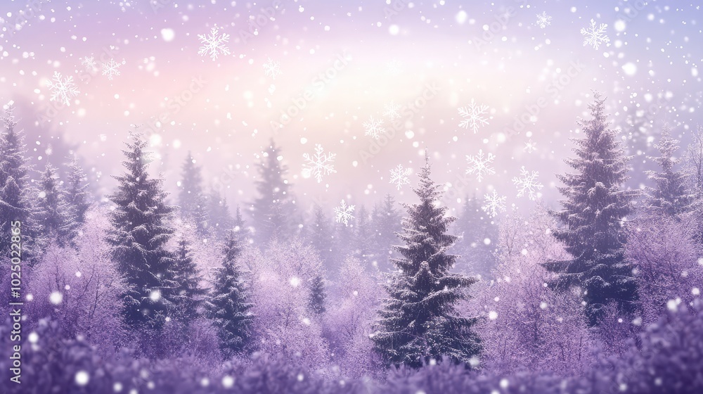 Naklejka premium Snowflakes falling in a dreamy Christmas forest. AI generated illustration.