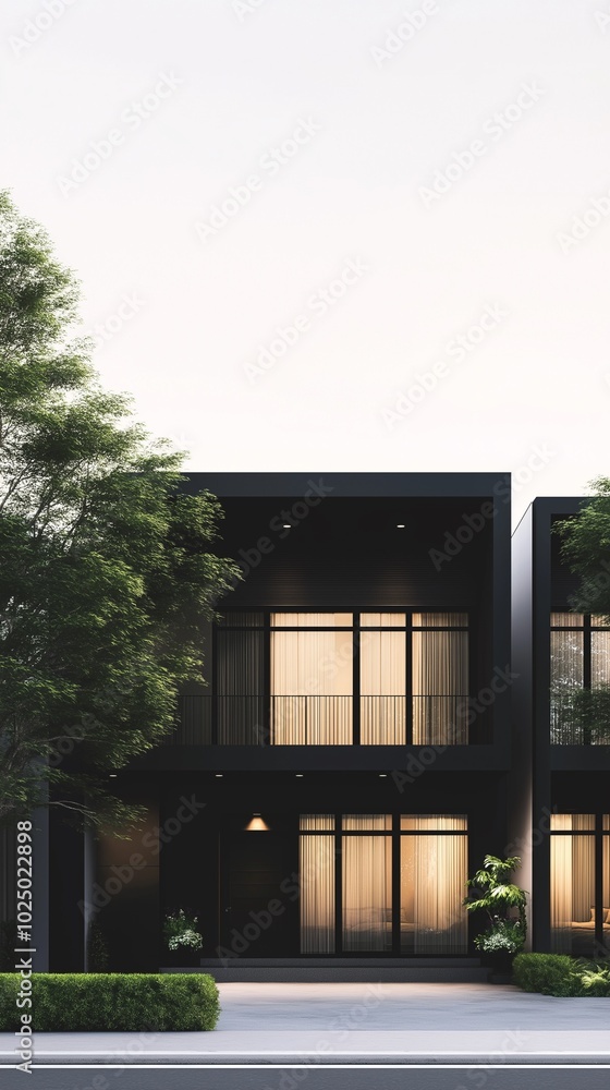 A sleek minimalist house surrounded by trees, shrubs, and potted plants. A sleek minimalist house surrounded by trees, shrubs, and potted plants.