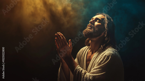  Dramatic representation of resurrected jesus christ in prayer with outstretched hand