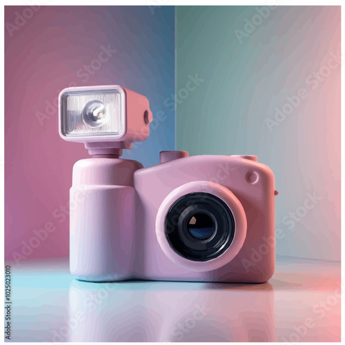 A retro pink camera illuminated by blue light, placed against a pink background