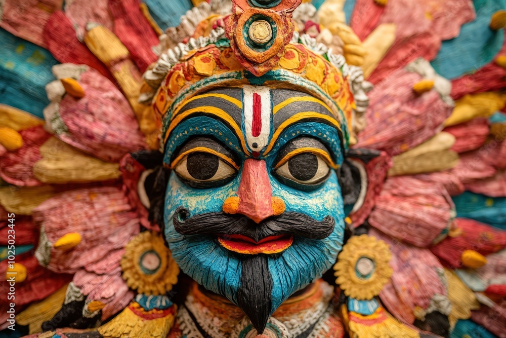 A sustainable idol of Lord Vishnu avatar Narasimha, made from recycled paper and plant-based paints, symbolizing protection and care for the Earth A sustainable idol of Lord Vishnu avatar Narasimha, made from recycled paper and plant-based paints, symbolizing protection and care for the Earth