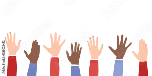 Vector banner for elections concept. Black and white hands diversity. Every vote matters. Hand drawn vector illustration in flat style. Vote poster in flat style. 2024 elections banner