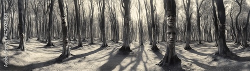 black and white forest where the trees have human-like faces etched into the bark, with long shadows stretching out across the forest floor in surreal formations