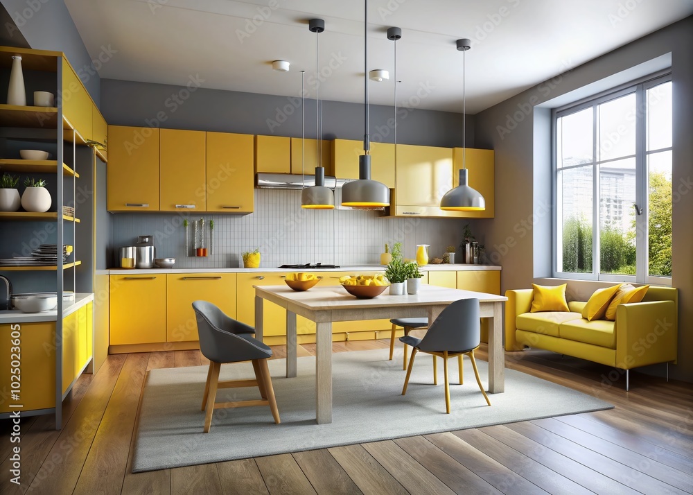 3D Illustration of Open Space Kitchen with Yellow Furniture and Grey Walls - Abstract Interior Design Perspective 3D Illustration of Open Space Kitchen with Yellow Furniture and Grey Walls - Abstract Interior Design Perspective