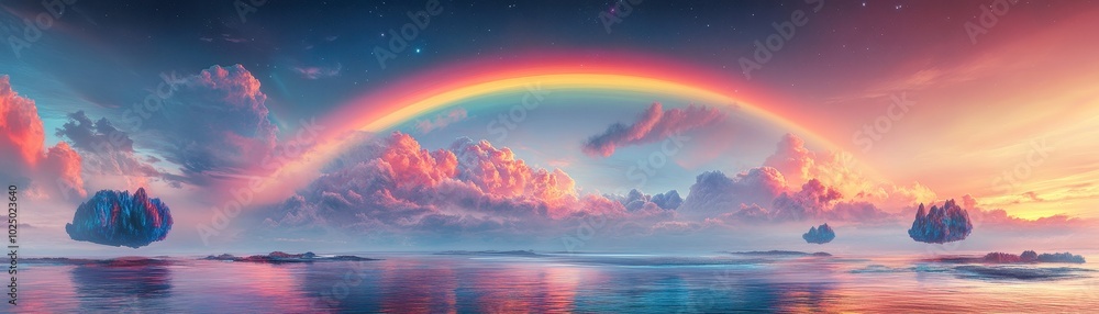 surreal landscape with a vibrant rainbow arching across the sky, blending into an ocean of multicolored waves that defy gravity, with floating islands in the distance surreal landscape with a vibrant rainbow arching across the sky, blending into an ocean of multicolored waves that defy gravity, with floating islands in the distance