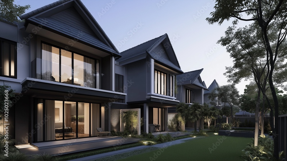 A sleek minimalist house surrounded by trees, shrubs, and potted plants. A sleek minimalist house surrounded by trees, shrubs, and potted plants.