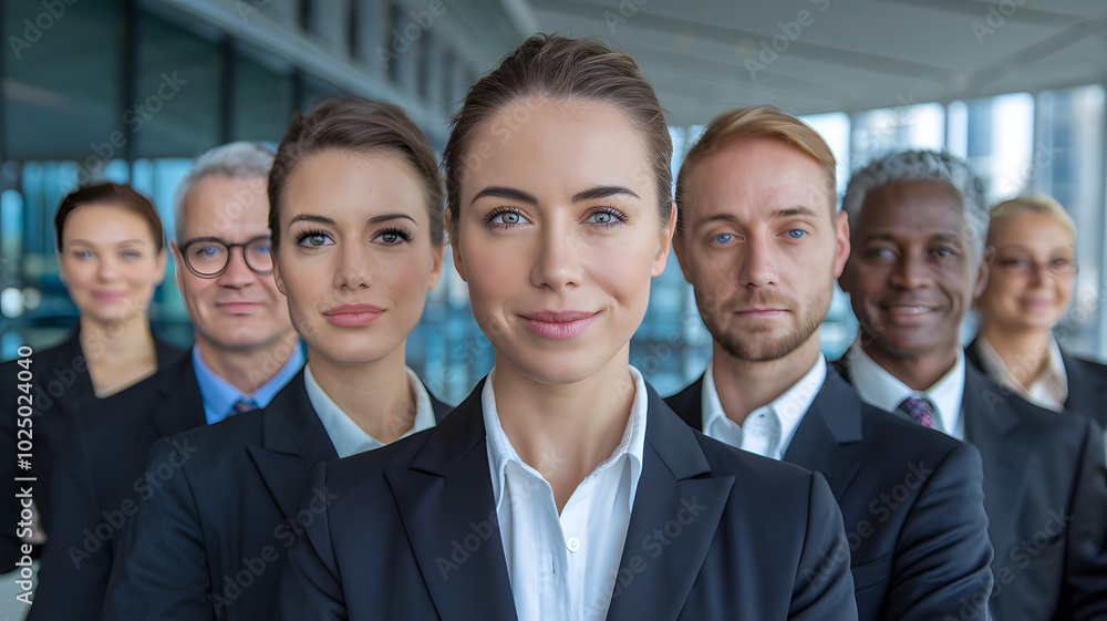 Diverse group of professionals in business attire standing confidently in modern office lobby, symbolizing dynamic labor market and urban work environment. Diverse group of professionals in business attire standing confidently in modern office lobby, symbolizing dynamic labor market and urban work environment.