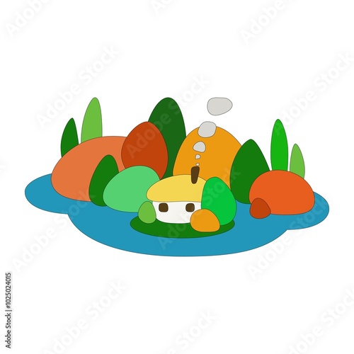 Illustration of a lake house.