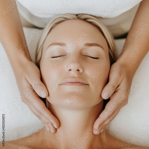 A woman enjoys a relaxing facial massage in a serene setting.