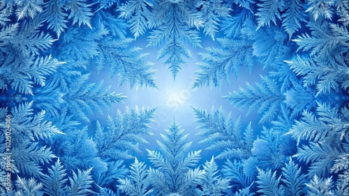 Symmetrical serene winter texture of blue frost and crystal ice pattern