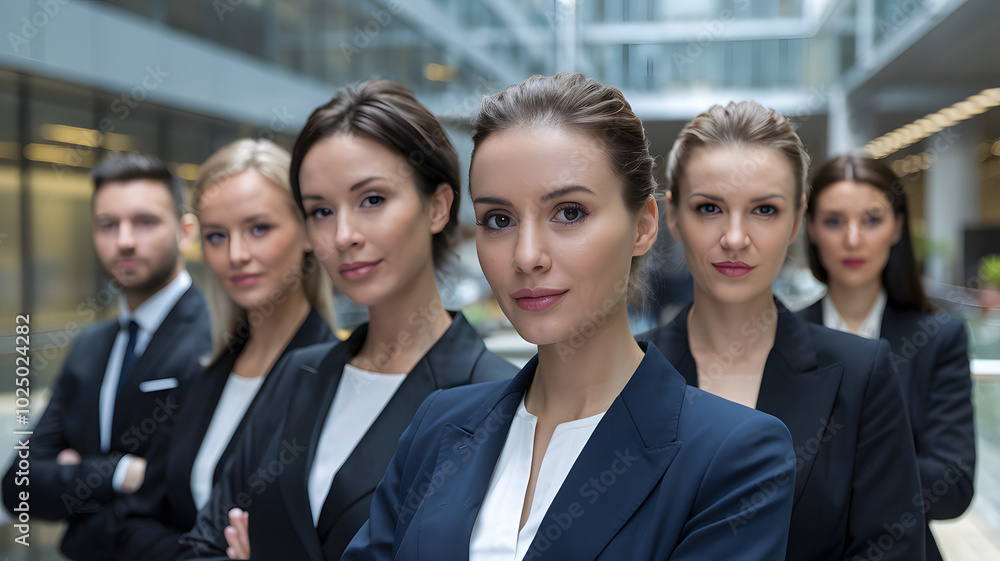 Diverse group of professionals in business attire standing confidently in modern office lobby, symbolizing dynamic labor market and urban work environment. Diverse group of professionals in business attire standing confidently in modern office lobby, symbolizing dynamic labor market and urban work environment.