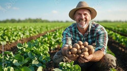 A dedicated Polish farmer lovingly inspects a handful of soil and freshly harvested potatoes in a sprawling potato field, showcasing the essence of root crop farming in Poland.