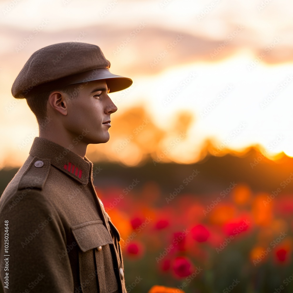 A soldier in uniform stands amidst a field of flowers at sunset. A soldier in uniform stands amidst a field of flowers at sunset.