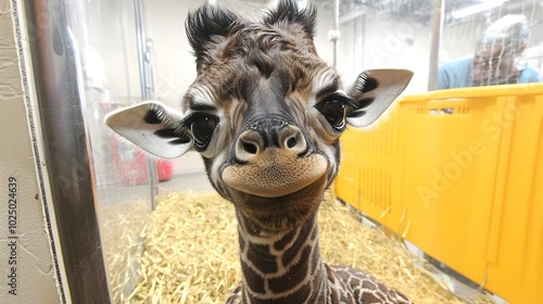 Captivating portrait of a young curious baby giraffe gazing intently at the spotted coat and long neck highlighting its endearing presence in the natural savanna environment
