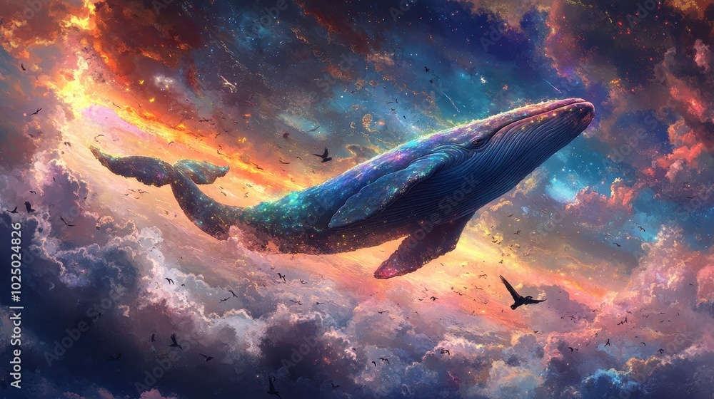 Naklejka premium giant rainbow-colored whale swimming through a sky of pastel clouds, with birds flying in and out of the vibrant light beams trailing behind it
