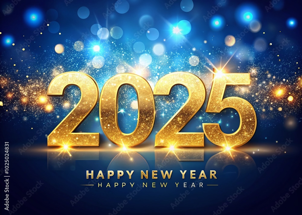 2025 Happy New Year Celebration with Golden Glitter Numbers and Abstract Blue Lights for Festive Greeting Card Design 2025 Happy New Year Celebration with Golden Glitter Numbers and Abstract Blue Lights for Festive Greeting Card Design