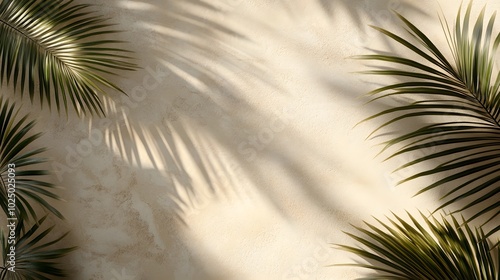 Obraz na płótnie 4. A clean and modern product showcase on a beige stone background, where the soft, organic shadows of palm leaves create an elegant interplay of light and texture w salonie