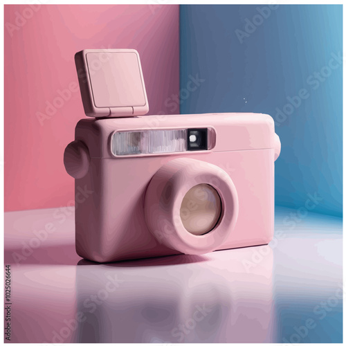 A pastel pink camera featuring a blue light, displayed in front of a pink backdrop