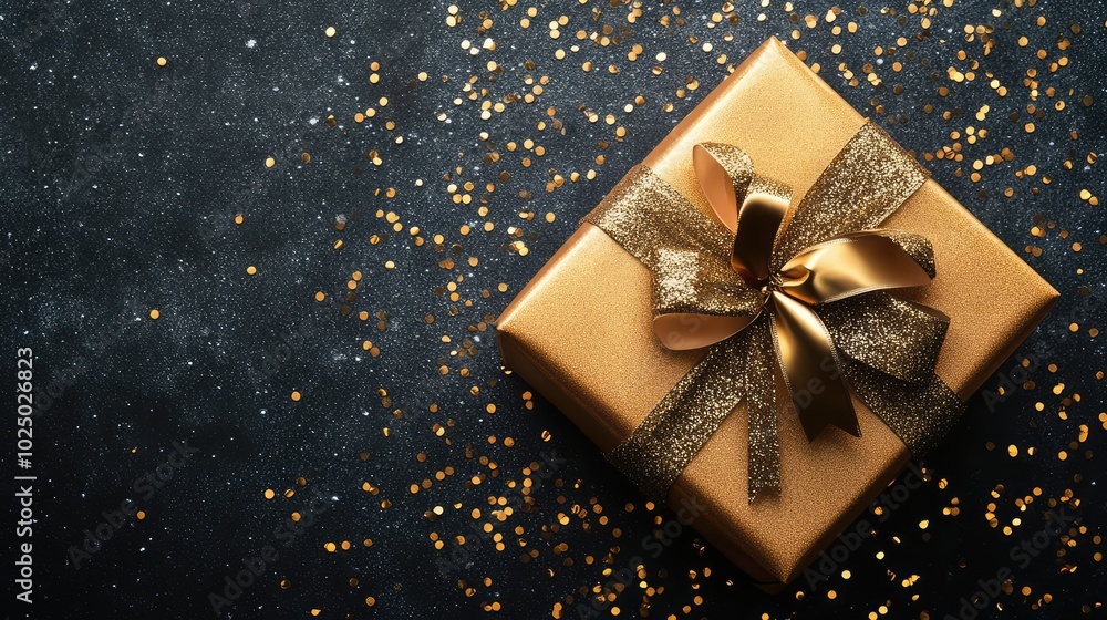 Golden gift with ribbon on dark background. AI generated illustration. Golden gift with ribbon on dark background. AI generated illustration.