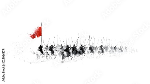 Dramatic black line drawing depicting a cavalry charge with horses thundering across the plains lances and swords raised high as the soldiers advance into battle