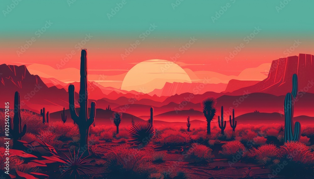 Silhouetted Cacti and Mountains Under a Red Sunset Silhouetted Cacti and Mountains Under a Red Sunset