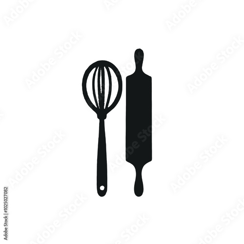 A black silhouette of a whisk and a rolling pin on a white background 