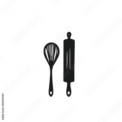 A black silhouette of a whisk and a rolling pin on a white background 