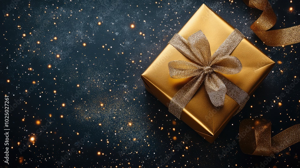Golden gift with ribbon on dark background. AI generated illustration. Golden gift with ribbon on dark background. AI generated illustration.