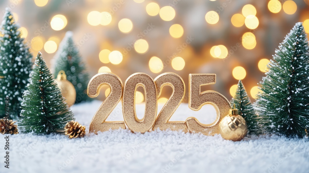 Golden numbers 2025 with Christmas trees and bokeh lights. AI generated illustration. Golden numbers 2025 with Christmas trees and bokeh lights. AI generated illustration.