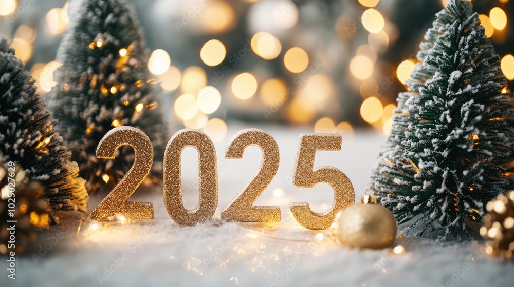 Golden numbers 2025 with Christmas trees and bokeh lights. AI generated illustration. Golden numbers 2025 with Christmas trees and bokeh lights. AI generated illustration.