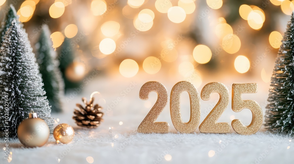 Golden numbers 2025 with Christmas trees and bokeh lights. AI generated illustration. Golden numbers 2025 with Christmas trees and bokeh lights. AI generated illustration.