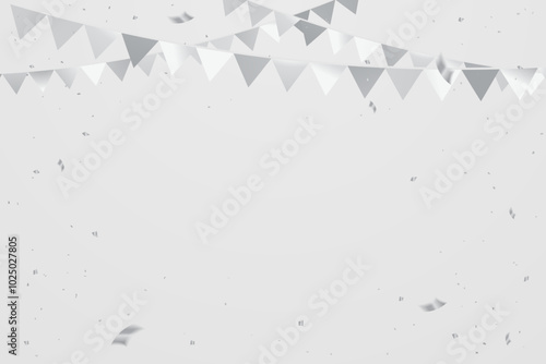 Silver Gray Party Flags With Tiny Confetti On White Background. Celebration Event And Happy Birthday. Vector Illustration. Copy Space