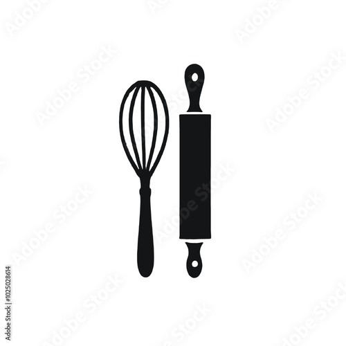 A black silhouette of a whisk and a rolling pin on a white background 