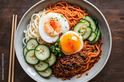 A vibrant plate of bibim guksu spicy cold noodles topped with cucumber kimchi, Ai Generated photo