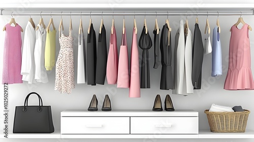 A minimalist and modern walk in closet featuring sleek white shelving and a neutral color palette creating a clean and organized storage space for fashion and lifestyle essentials