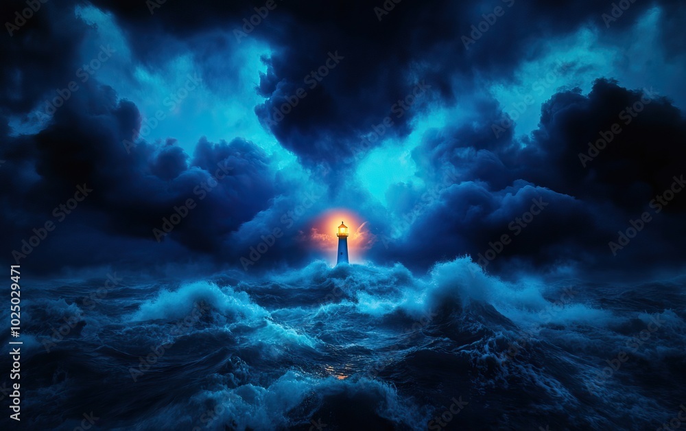 A stunning lighthouse stands tall amidst stormy waves and dark clouds, illuminated by a radiant sunset. A stunning lighthouse stands tall amidst stormy waves and dark clouds, illuminated by a radiant sunset.