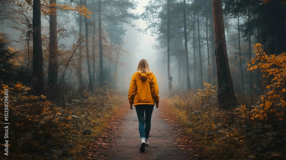 Fototapeta premium Lonely woman walks on footpath in dark foggy mystery forest. Spooky atmospheric mood in autumn woodland 