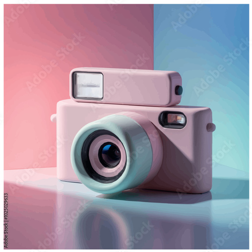 A charming vintage pink camera glowing with blue light against a soft pink background
