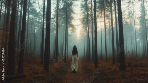 Lonely woman walks on footpath in dark foggy mystery forest. Spooky atmospheric mood in autumn woodland 