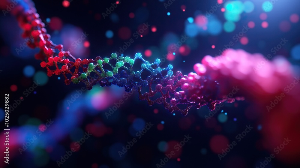 Colorful representation of DNA strands against a dark background, showcasing vibrant colors and intricate details. Colorful representation of DNA strands against a dark background, showcasing vibrant colors and intricate details.