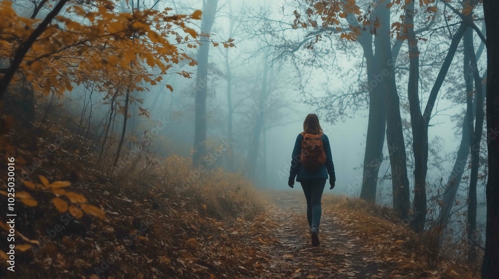 Fototapeta premium Lonely woman walks on footpath in dark foggy mystery forest. Spooky atmospheric mood in autumn woodland 