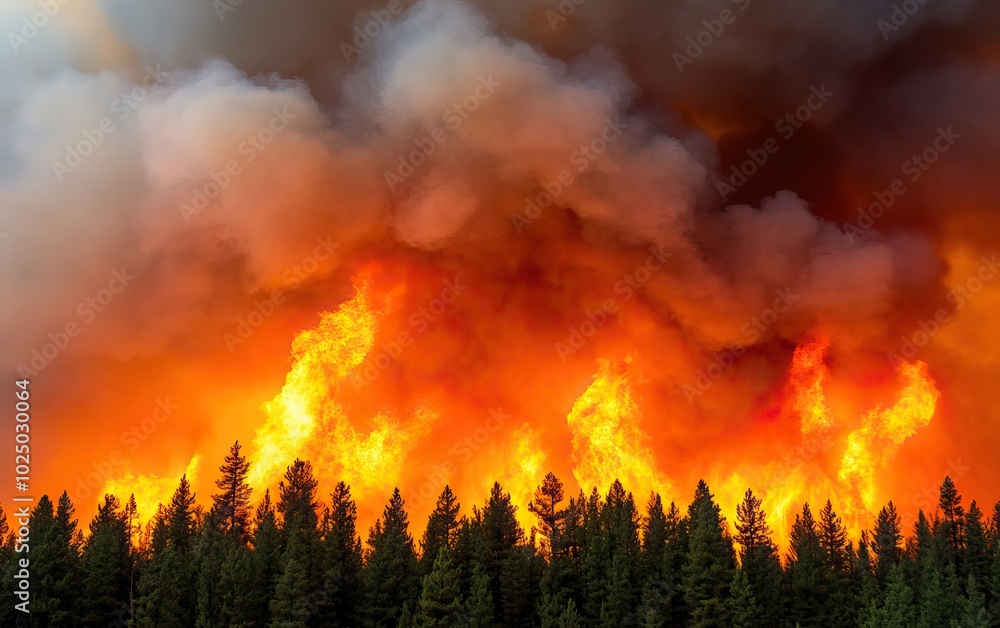 Dramatic wildfire raging through a dense forest, producing thick smoke and intense flames, showcasing the power of nature's fury. Dramatic wildfire raging through a dense forest, producing thick smoke and intense flames, showcasing the power of nature's fury.
