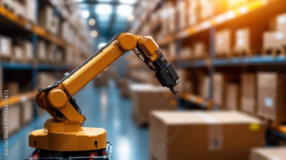 Fototapeta premium Industrial robotic arm in a warehouse, automating the handling of boxed goods.
